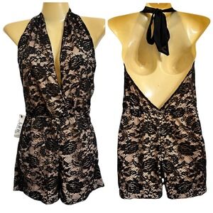 NWT Sabora Romper Women's Medium Black Lace Halter Backless Party Cocktail